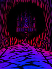 A desert of ash and empty crosses leads to the looming city of Dis, an abandoned darkling stronghold. A black wound in reality bleeds through the broken sky behind it.