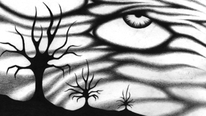 Three dark silhouettes of gnarled willows lurk beneath a sky of swirling clouds, three delirious eyes splitting open upon the firmament.