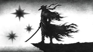 A dark silhouette of a cloaked man with a hat and a katana stands atop a cliff, three black stars gleaming in the background.