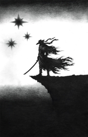 A dark silhouette of a cloaked man with a hat and a katana stands atop a cliff, three black stars gleaming in the background.