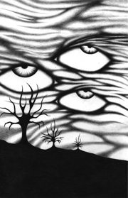 Three dark silhouettes of gnarled willows lurk beneath a sky of swirling clouds, three delirious eyes splitting open upon the firmament.
