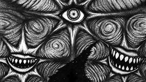 A lone figure stands upon an endless desert, their cloak blowing back in the wind. In the sky above, violet clouds swirl chaotically around three crimson stars, their texture so otherworldly that it almost appears organic. Within the highest star, a lone eye gazes intently, while inside the lower two, horrific mouths grin with a sadistic amusement. Betwixt them, the sky rips open into a black void, and within that void, an indistinct shape looms in the distance: a monolithic tower, or a road leading into the abyss.