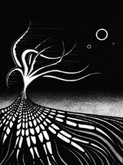 A cellular willow stands before a sky of total darkness, a red glow burning upon the horizon. Rooted within an organic hellscape, its tentacular branches waver through the blackness of reality, the color of its form bleeding away as though caught in the wind. Three distant rings of light burn upon the void above, like stars long-since imploded into black holes.