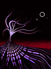 A cellular willow stands before a sky of total darkness, a red glow burning upon the horizon. Rooted within an organic hellscape, its tentacular branches waver through the blackness of reality, the color of its form bleeding away as though caught in the wind. Three distant rings of light burn upon the void above, like stars long-since imploded into black holes.